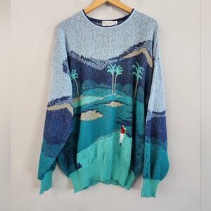 Vintage St. Croix Knits Pullover Sweater Blue Golf ⛳️ Scene All Over Men's XL